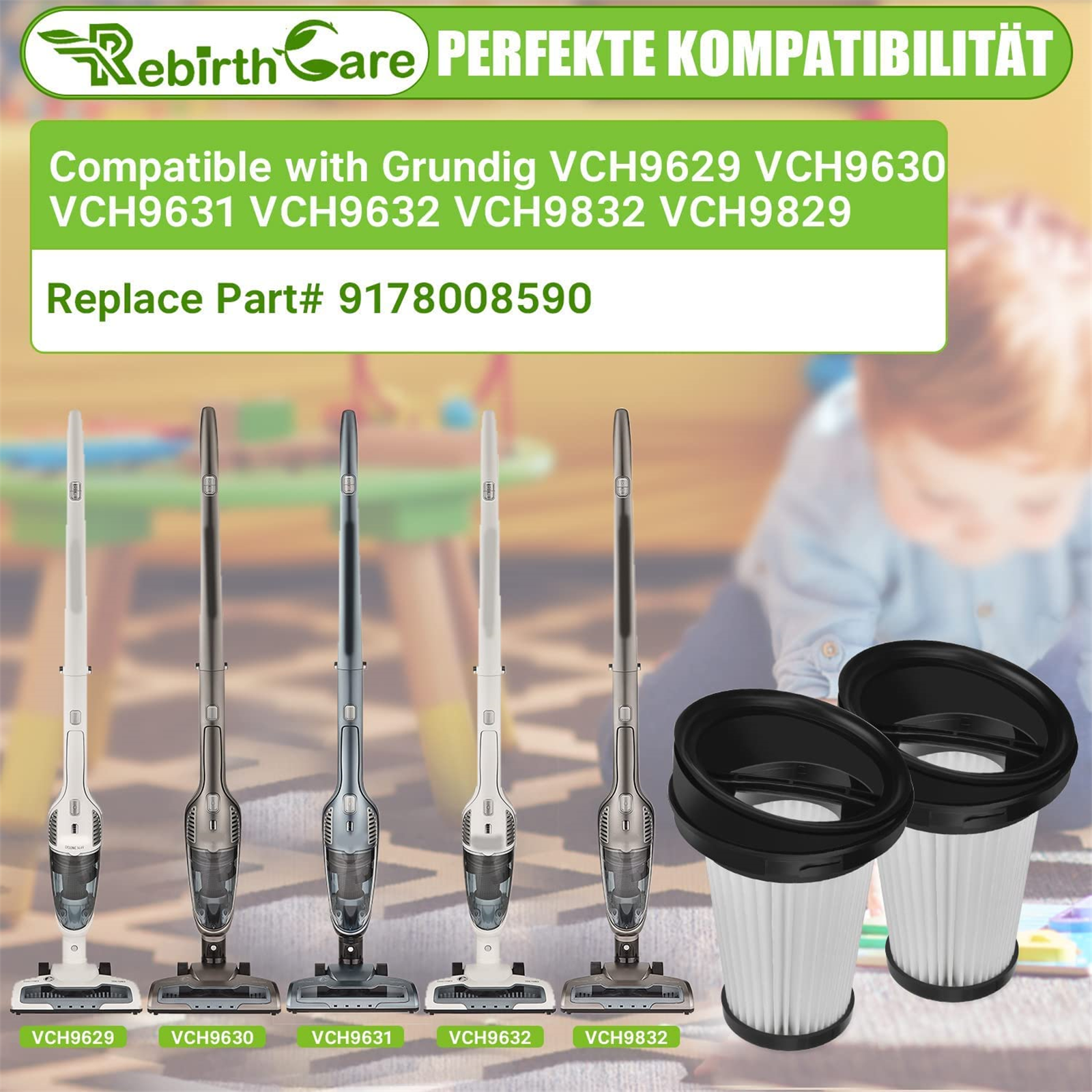 Mehrere Staubsaugerteile und Filter mit Text über Kompatibilität und Ersatzteile.