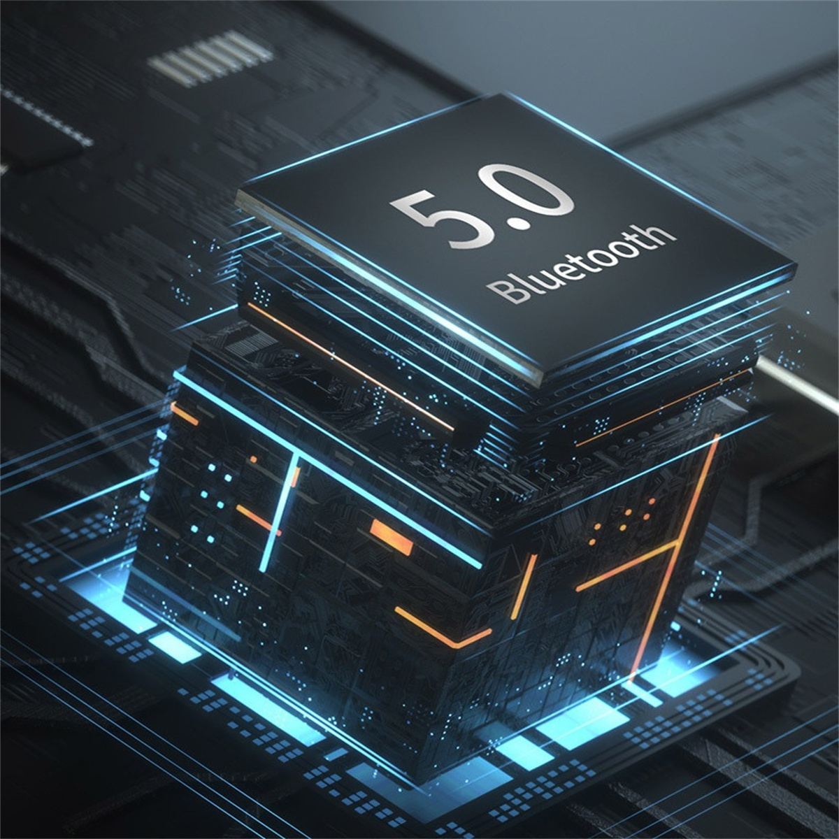 Nahaufnahme eines Bluetooth 5.0-Chips auf einer Leiterplatte mit orangefarbenen und blauen Lichtern.