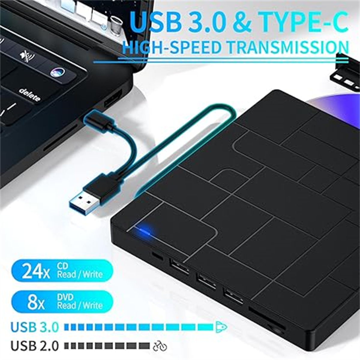Schwarze externe Festplatte mit USB-Kabel und Laptop.