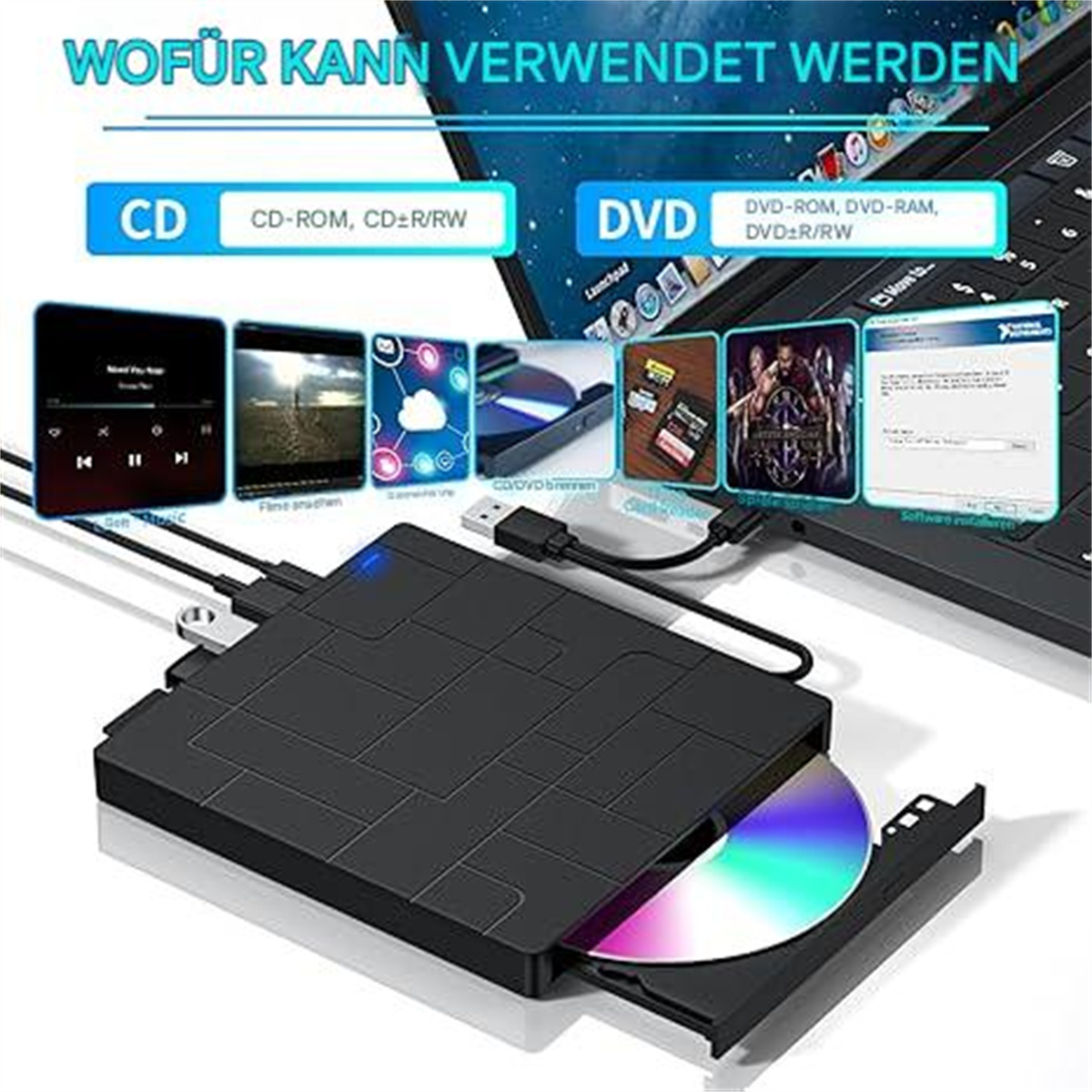 Schwarzes, tragbares CD/DVD-Laufwerk mit eingelegter Disc, an Laptop angeschlossen, mit Text und Bildern.