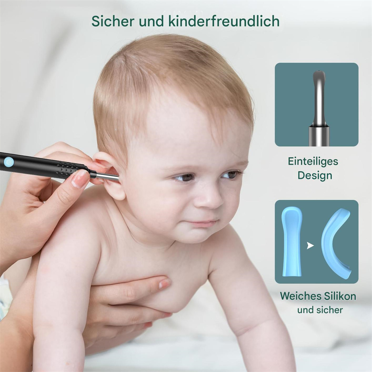 Baby, dem jemand das Ohr reinigt. Das Ohr des Kindes wird mit einem kleinen Reinigungswerkzeug gereinigt.