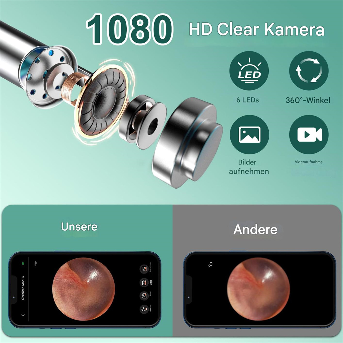 Medizinisches Gerät mit zwei Telefonen, die Ohrbilder und Text zeigen.