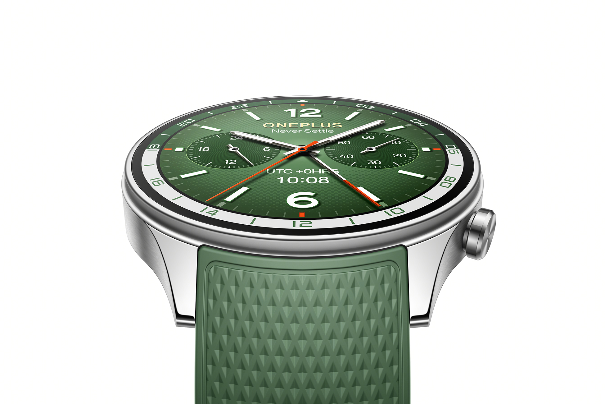 Zielony smartwatch ze srebrną ramką wyświetlający godzinę i inne informacje na białym tle.