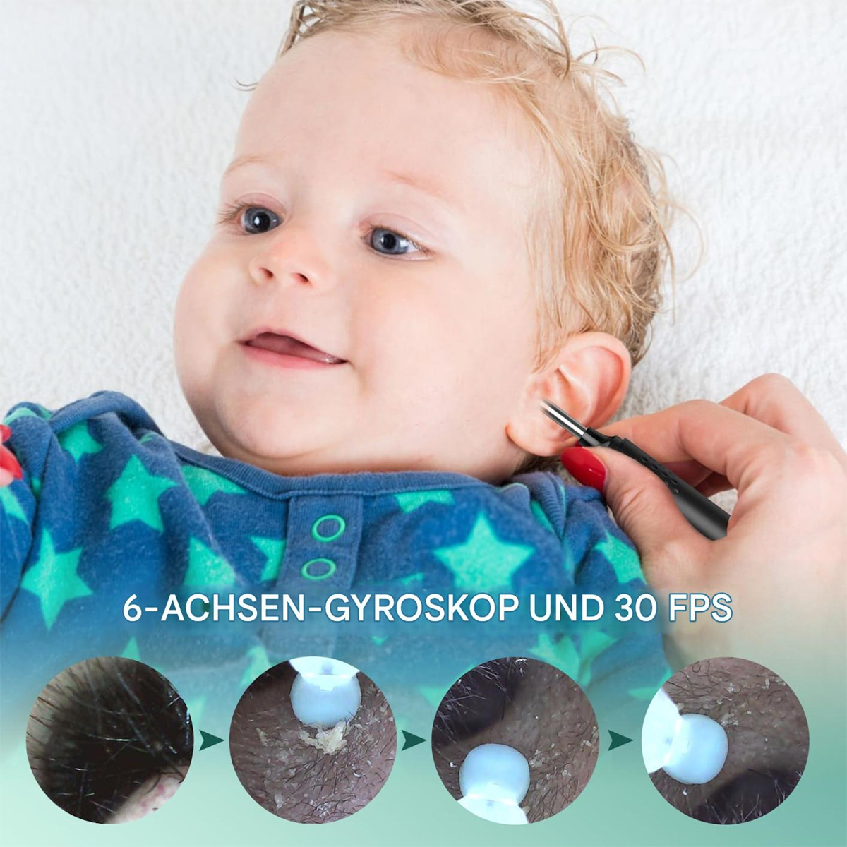 Babyohr wird gereinigt. Nahaufnahme des Gehörgangs. Kleine Werkzeuge und vergrößerte Ansicht.