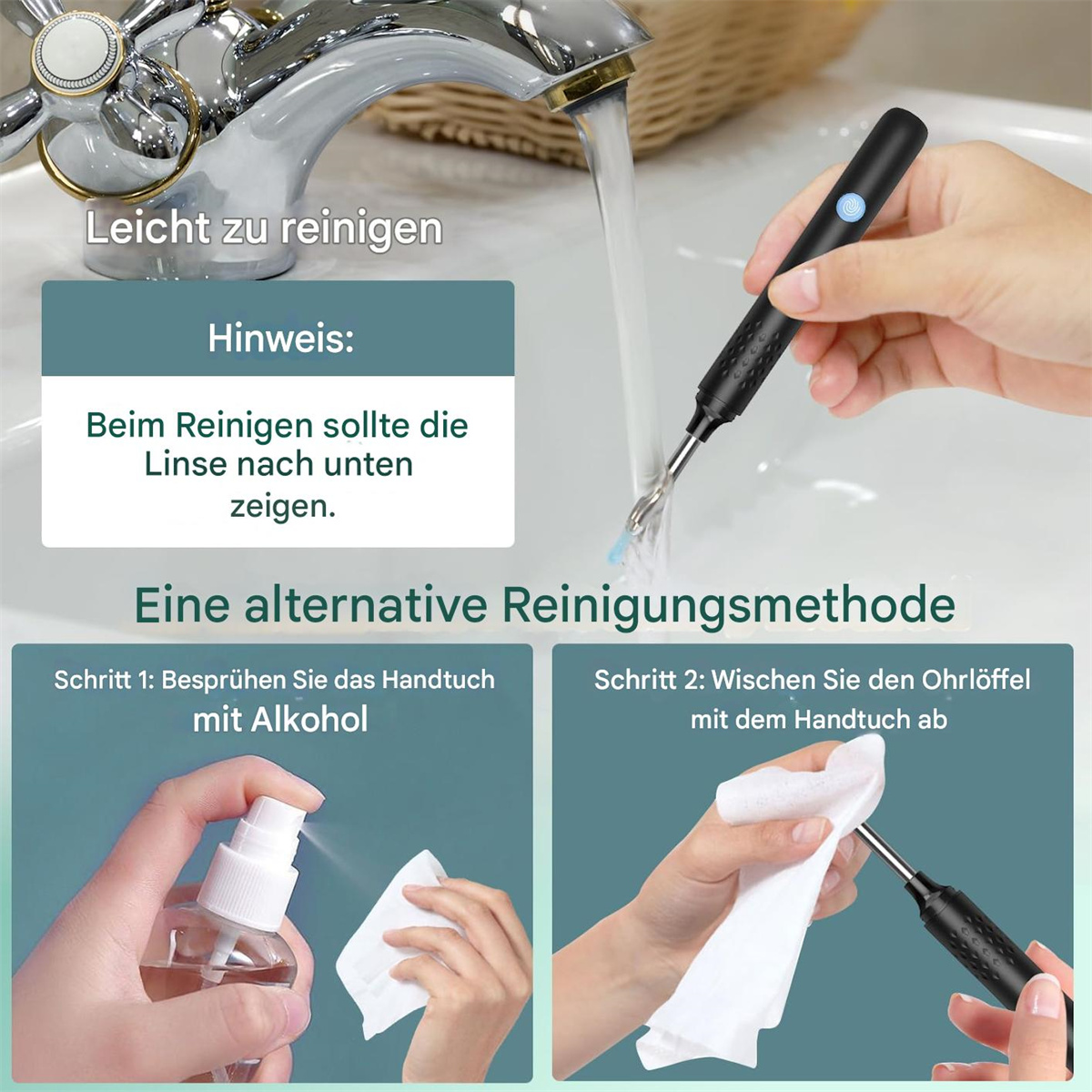 Ohrenreinigungswerkzeug und Anweisungen. Das Werkzeug ist schwarz, gezeigt mit Alkohol und einem Wischtuch.