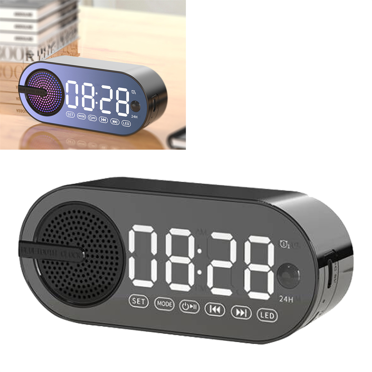 Schwarz-silberne Digitaluhr. Die Uhr zeigt 08:28 an. Tasten für Einstellungen und Funktionen sind sichtbar.