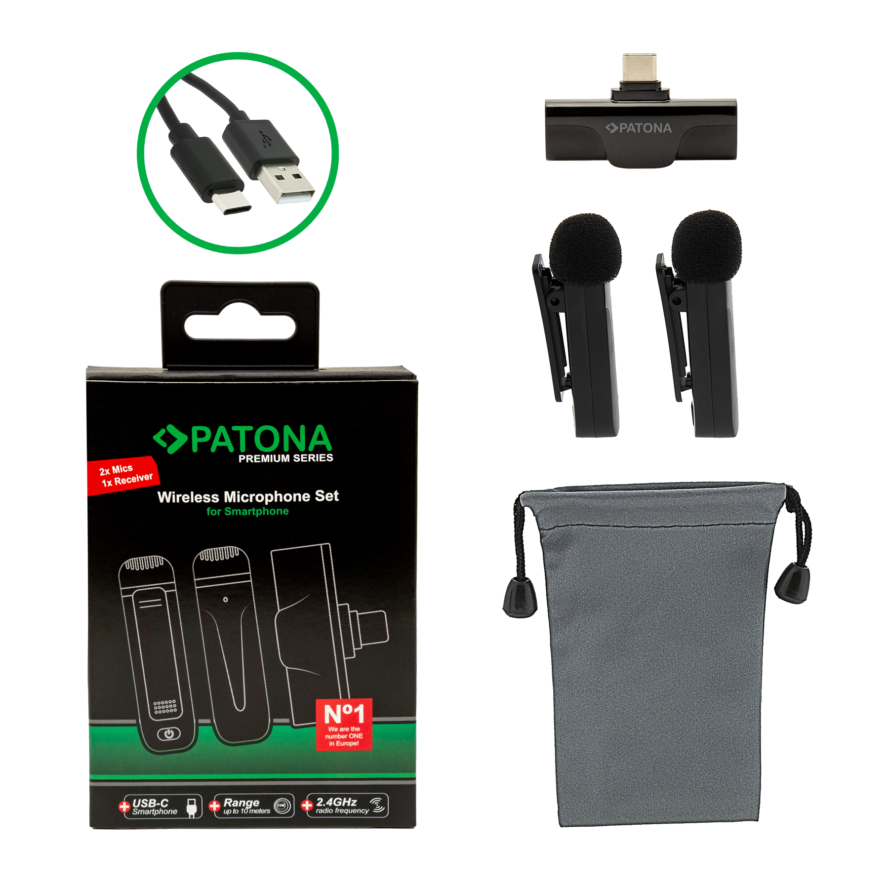 Ensemble de microphones sans fil : deux micros, un récepteur, un câble USB et une pochette de transport grise.