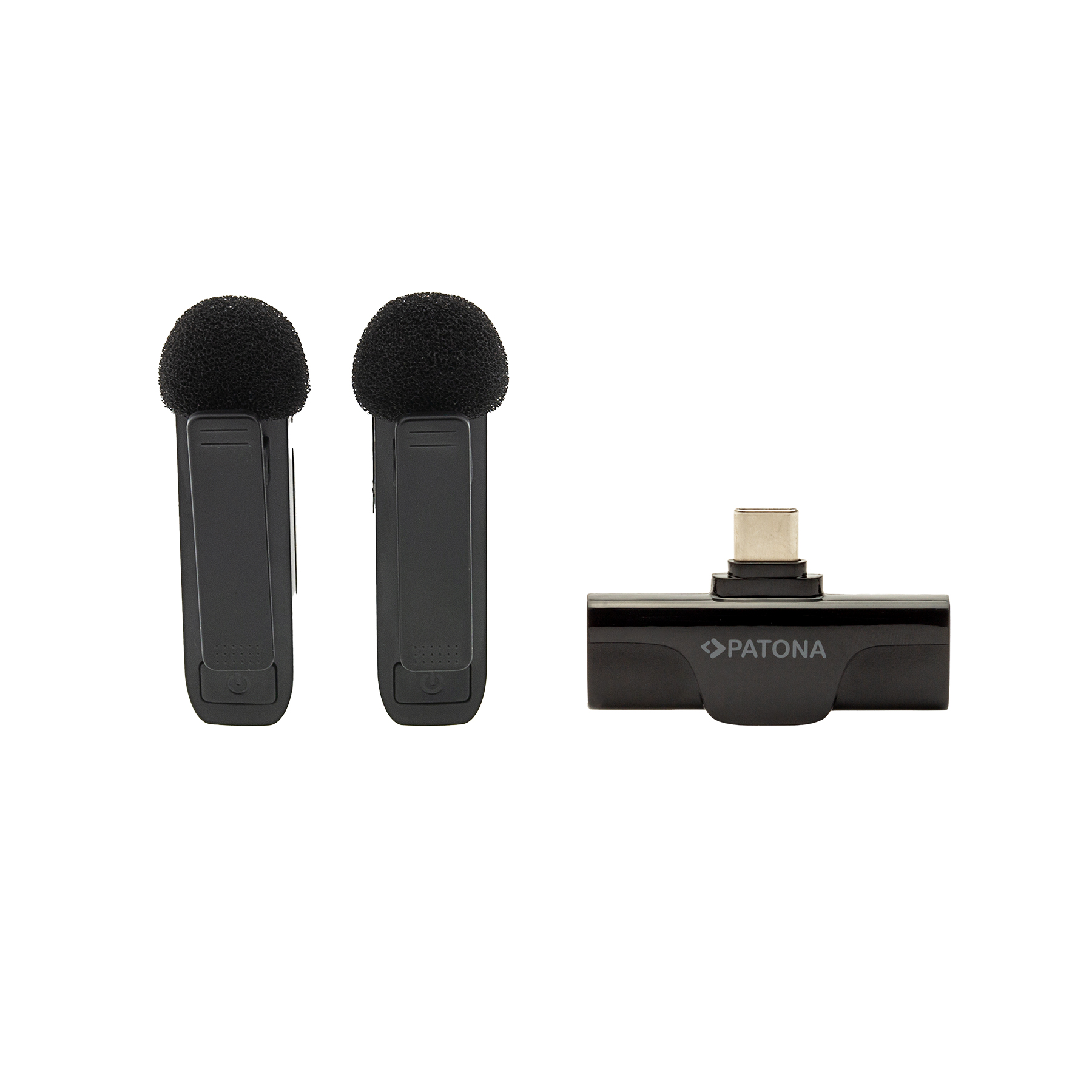 Deux microphones noirs avec des couvercles en mousse et un récepteur noir.