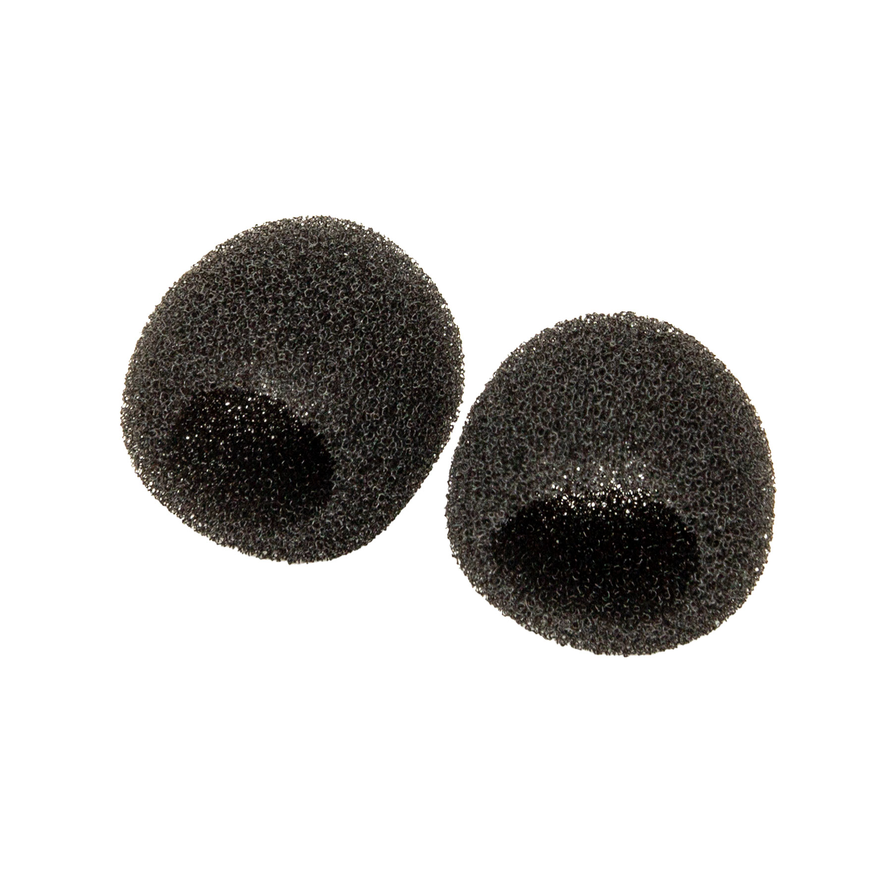 Deux bonnets de microphone en mousse noirs et arrondis sur fond blanc, isolés et en gros plan.