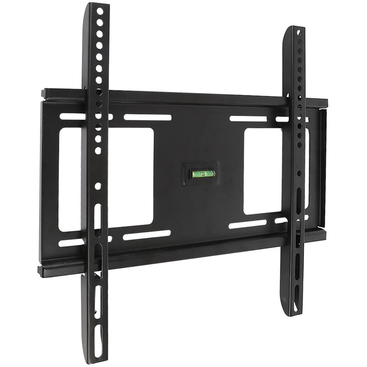 Schwarze TV-Wandhalterung, Wasserwaage, Befestigungsmaterial. Rechteckige Form, Metall, schwarze Oberfläche.