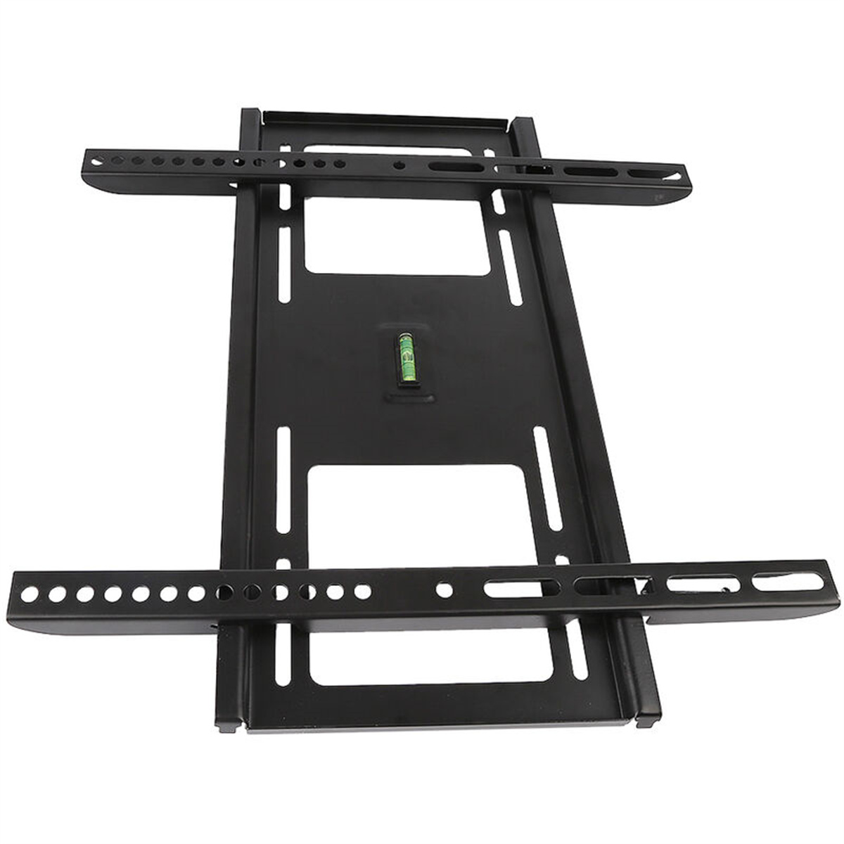 Schwarze TV-Wandhalterung mit Wasserwaage, zum Anbringen eines Fernsehers an einer Wand.