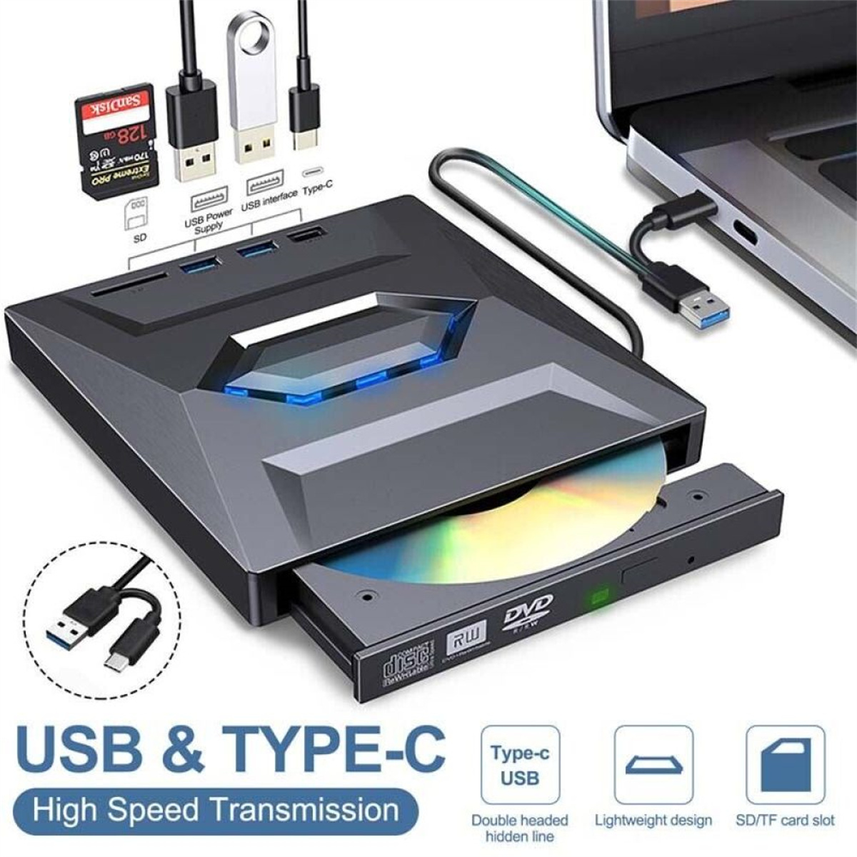 Ein schwarzer USB- und Typ-C-Hub mit DVD-Laufwerk. Mehrere Anschlüsse und ein SD-Kartensteckplatz. USB- und Typ-C-Kabel.