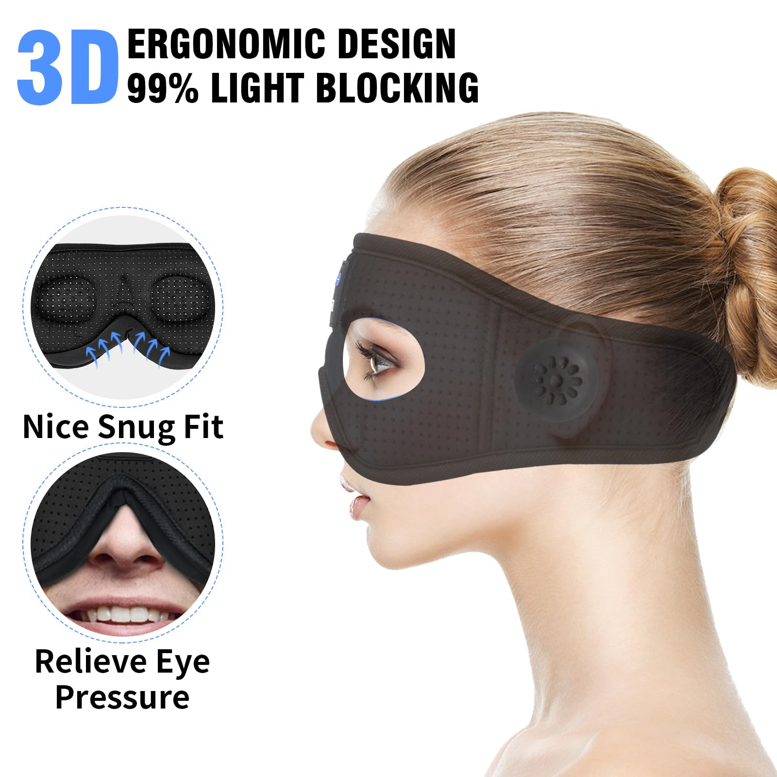 Eine Frau, die eine schwarze Augenmaske trägt, mit Text über ergonomisches Design und Lichtblockierung.