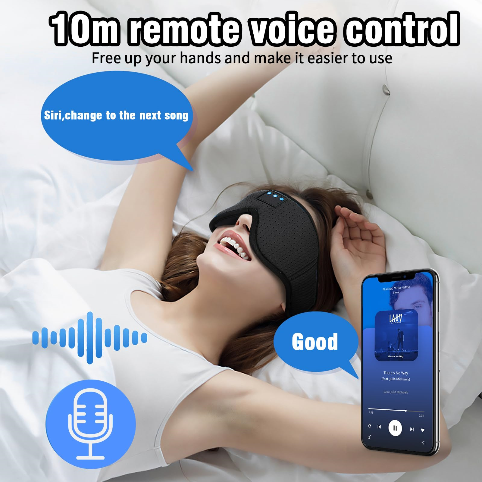 Eine Frau im Bett mit Schlafmaske. Text und Symbole deuten auf Sprachsteuerung für Musik auf ihrem Telefon hin.