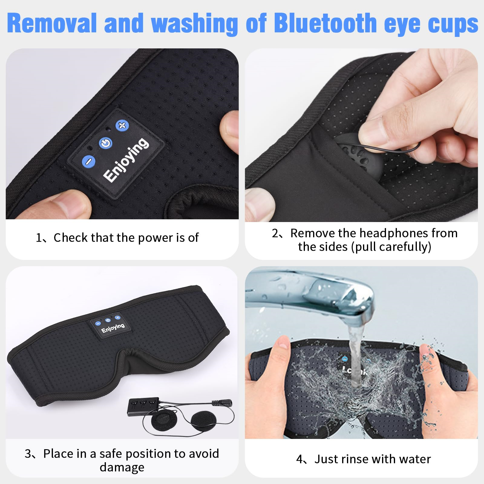 Schritt-für-Schritt-Bilder: Entfernen und Waschen einer schwarzen Bluetooth-Augenmaske mit schriftlichen Anweisungen.