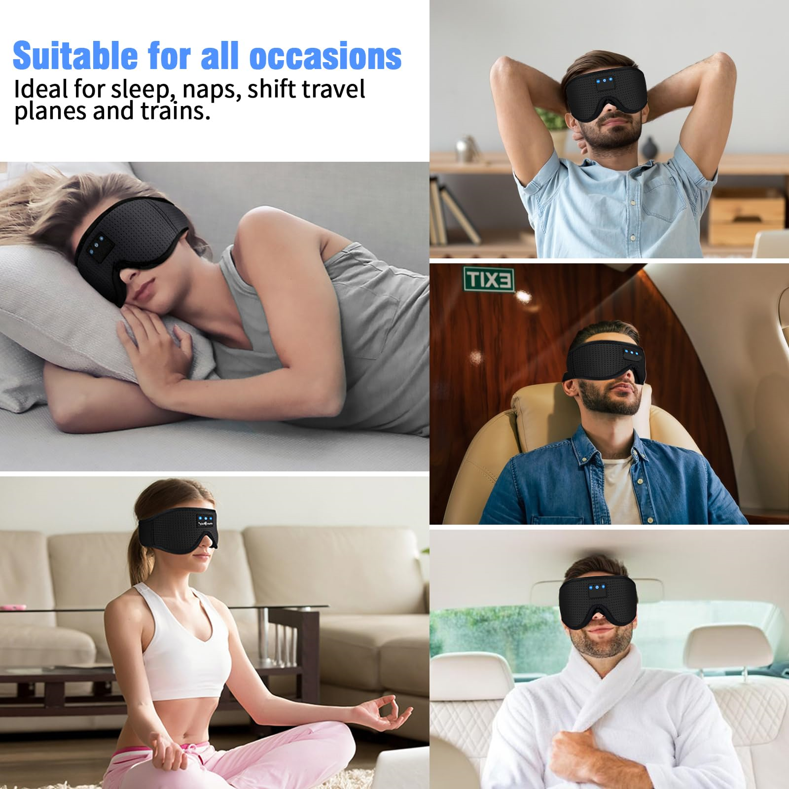 Personen tragen schwarze Augenmasken in verschiedenen Umgebungen: Schlaf, Flugzeug, Zug, Zuhause.