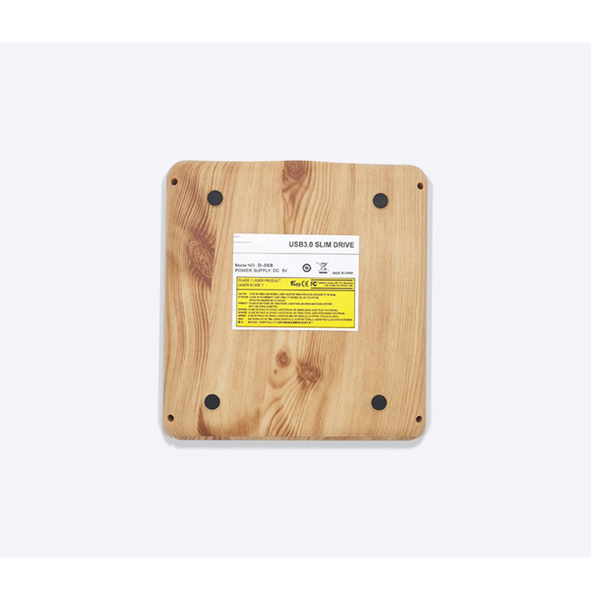 Holz USB 3.0 Slim Drive auf weißem Hintergrund. Das Laufwerk hat Text und schwarze Füße.