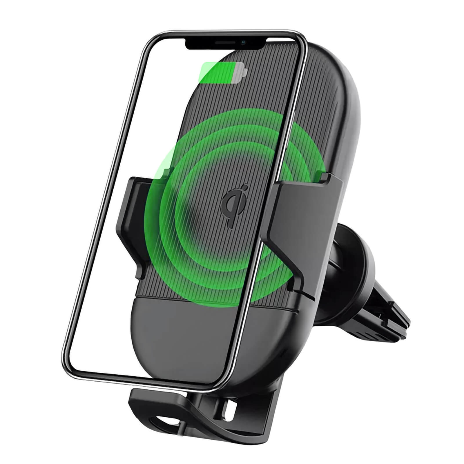 Soporte para teléfono de coche negro con teléfono que muestra carga verde. Diseño negro y gris, fondo blanco.