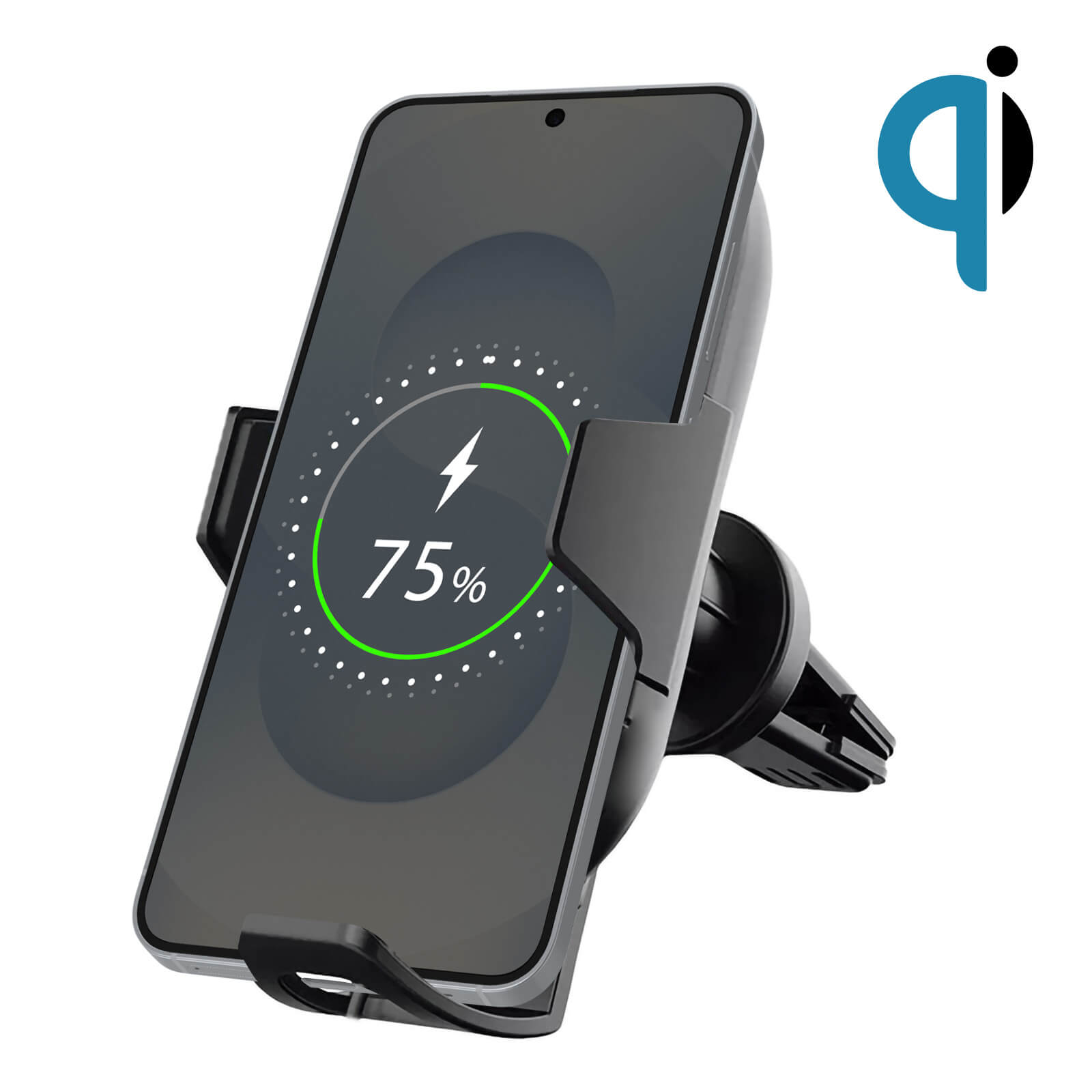 Un soporte para teléfono negro con un teléfono. El teléfono muestra el 75% de carga. Logotipo Qi a la derecha.
