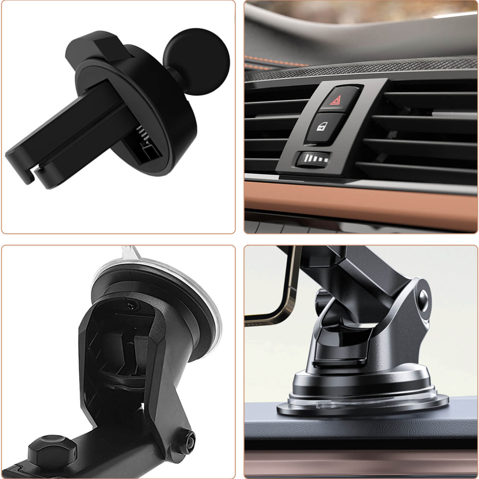 Soportes para teléfono de coche. Arriba a la izquierda: clip de ventilación. Arriba a la derecha: ventilación del coche. Abajo: soportes de ventosa. Acentos marrones y negros.