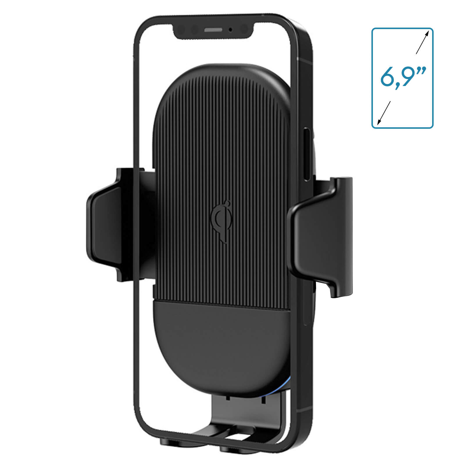 Soporte negro para teléfono con marco en forma de teléfono, carga inalámbrica e indicador de tamaño.