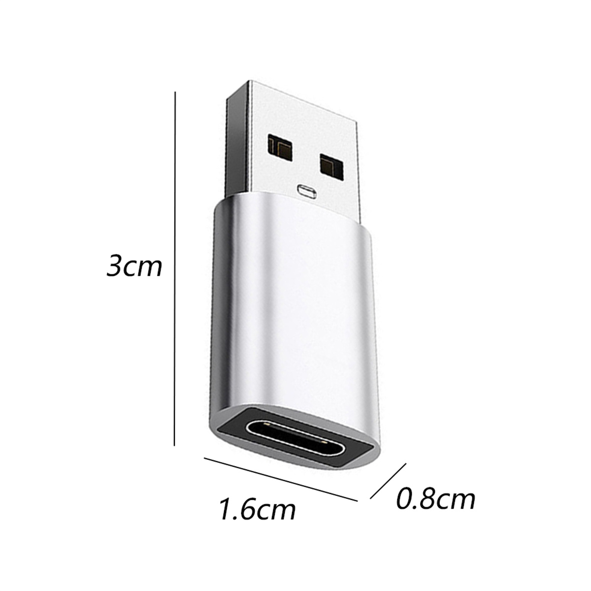 Kleiner silberner USB-C-Adapter. Abmessungen: 3 cm lang, 1,6 cm breit und 0,8 cm dick.