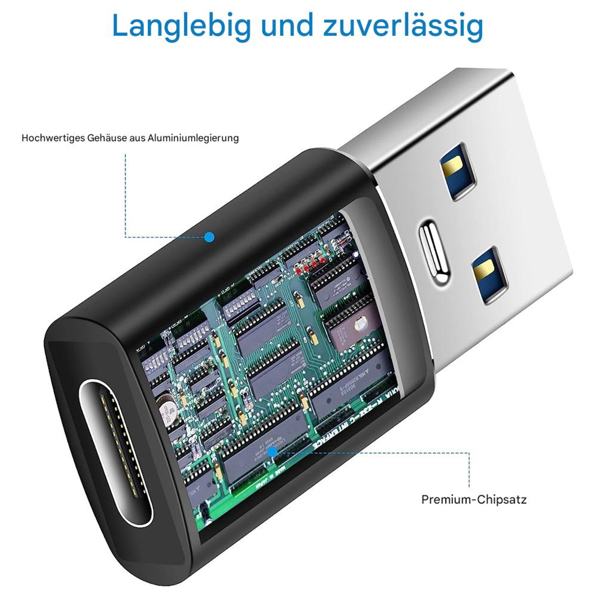 Ein USB-C-Adapter zeigt eine Schnittansicht seiner internen Schaltung, mit Fokus auf dem Premium-Chipsatz.