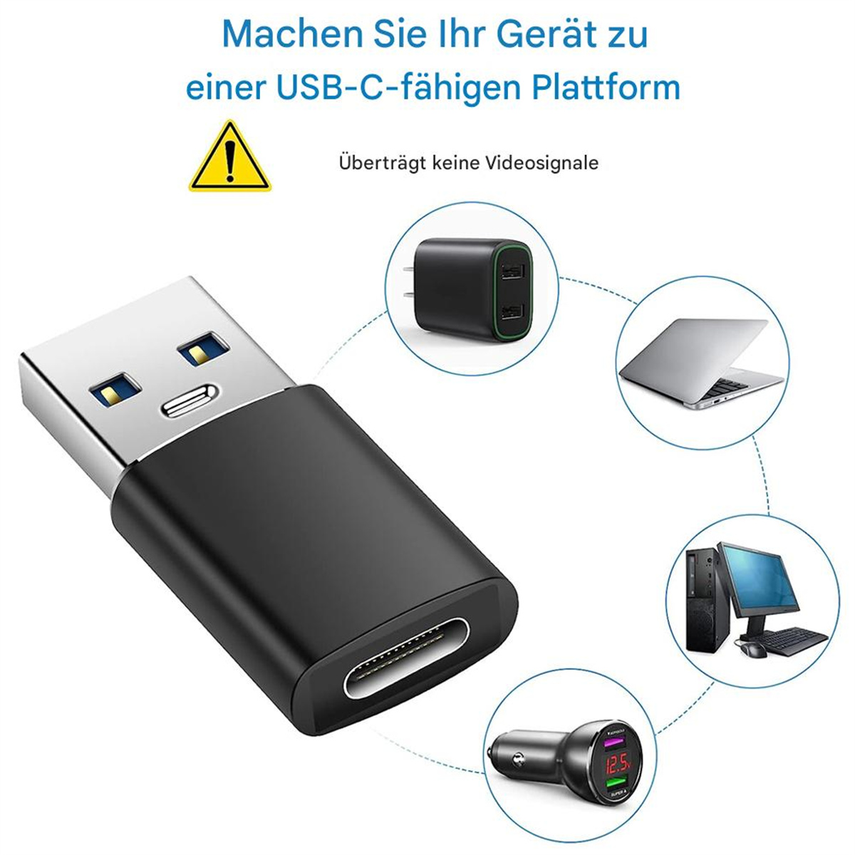 USB-C-Adapter mit verschiedenen Geräten. Enthält Laptop, Ladegerät und Computer. Schwarz und Silber.