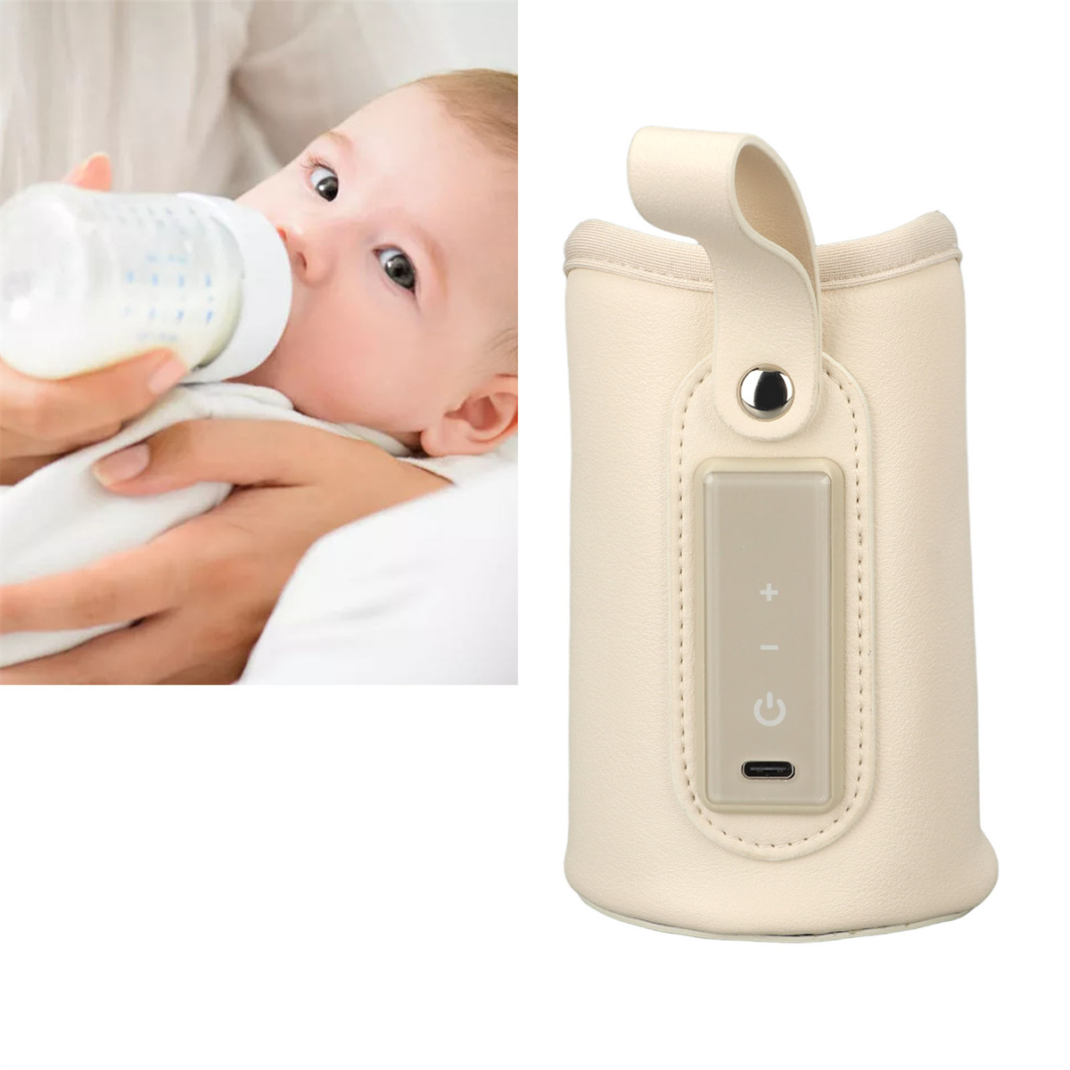 Baby wird Milch aus einer Flasche gefüttert, neben einem beigefarbenen Flaschenwärmer. Weißer Hintergrund.