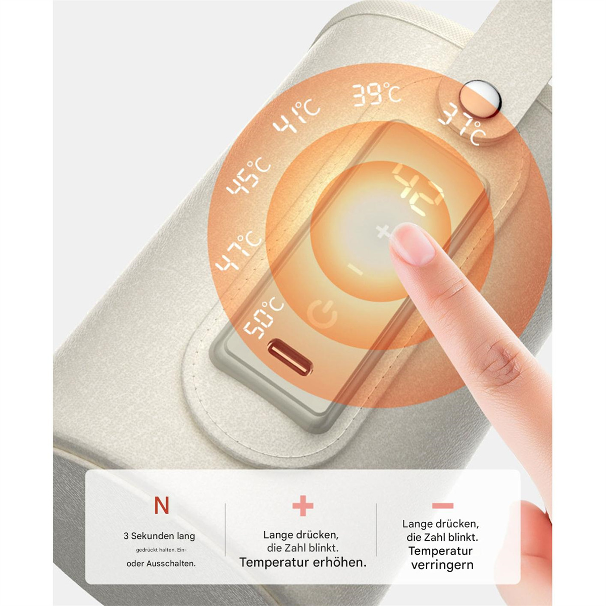 Beheizter Lebensmittelbehälter mit digitaler Temperaturanzeige. Ein Finger berührt das Display. Weißer Hintergrund.