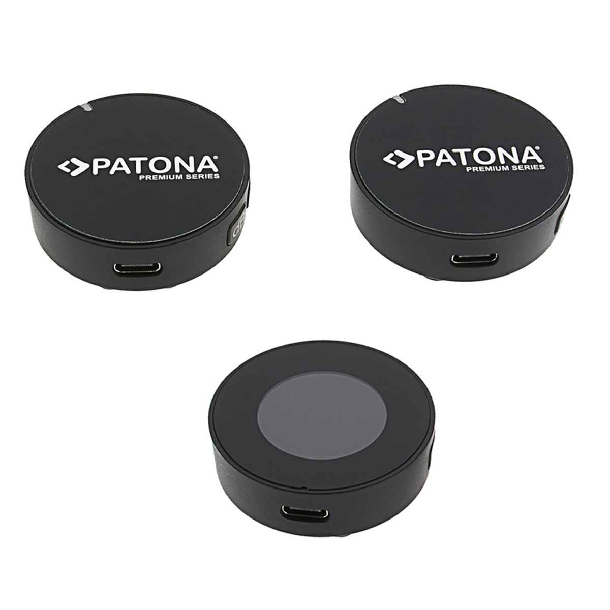 Trois appareils ronds noirs avec le logo 'PATONA PREMIUM SERIES' et un port USB.