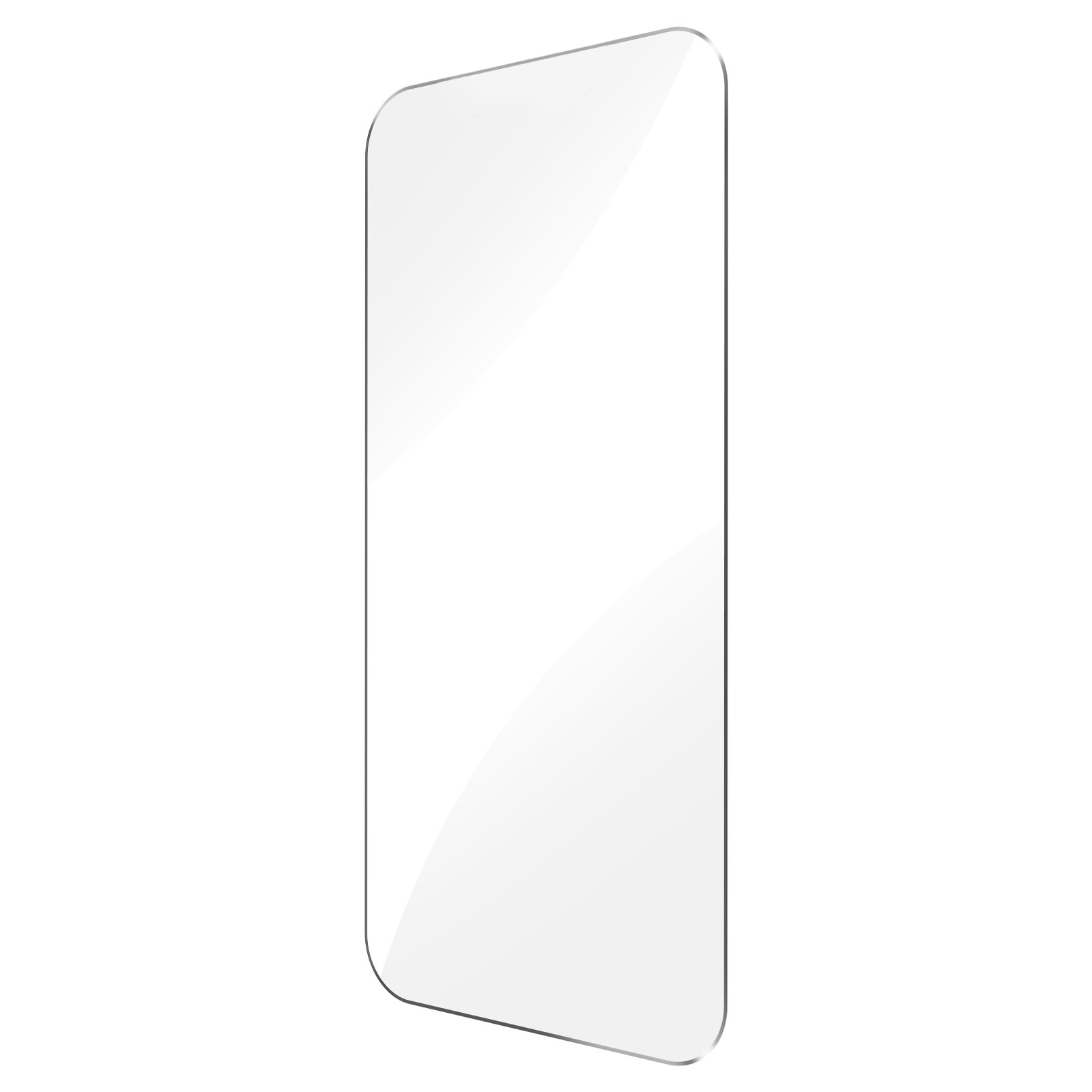 A clear, rectangular screen protector, slightly angled, on a white background.