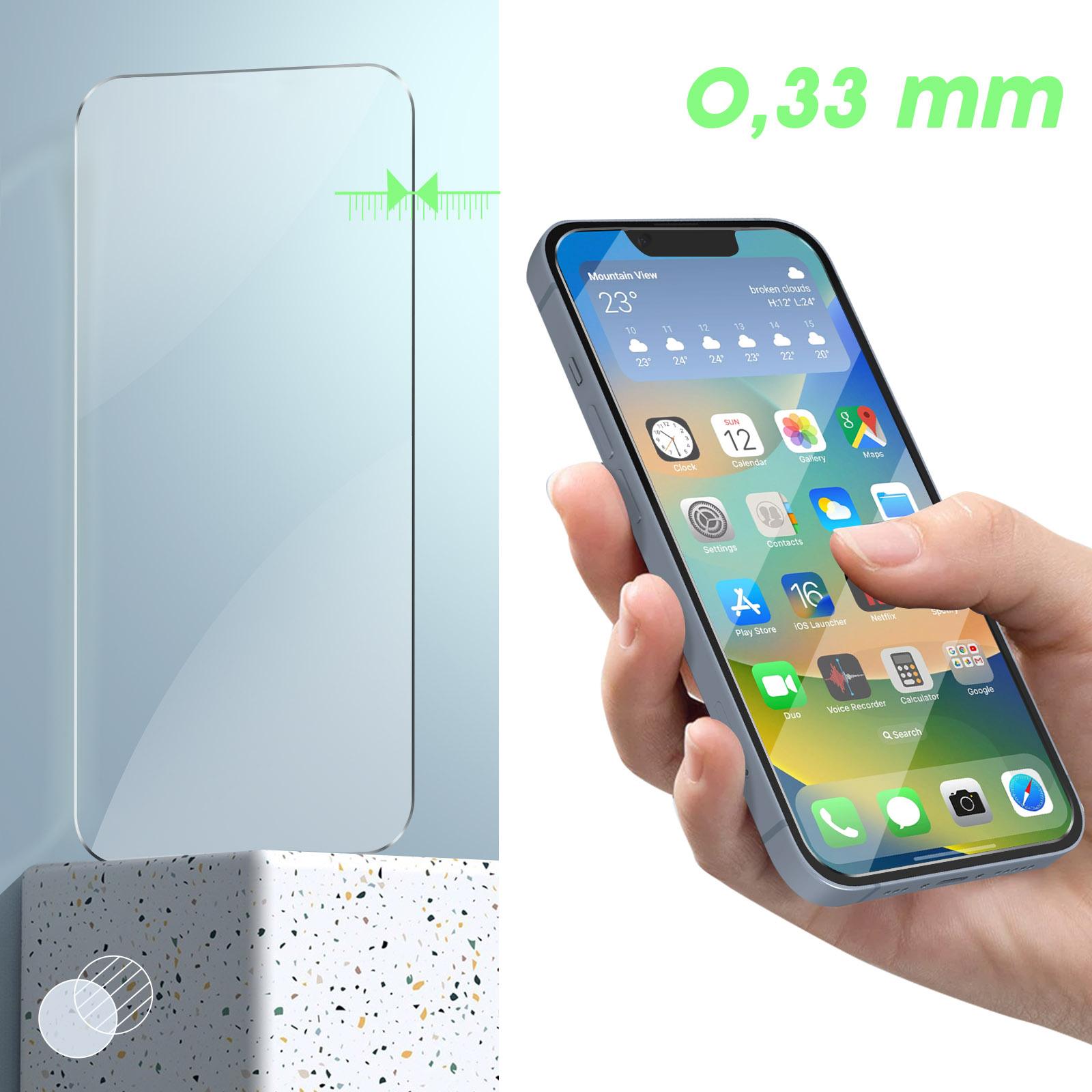A phone with a screen protector next to a glass protector and a green block.