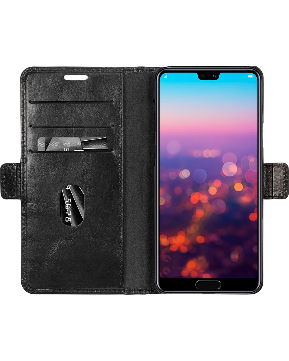 Custodia nera per telefono. Telefono all'interno, con carte negli slot. Pelle nera.