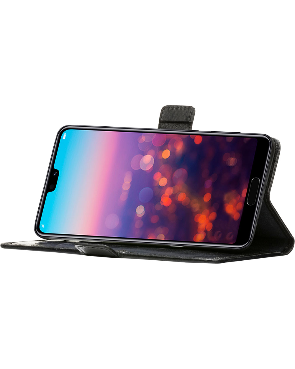 Uno smartphone in una custodia in pelle nera, aperto. Lo schermo è acceso, mostrando un'immagine sfocata.