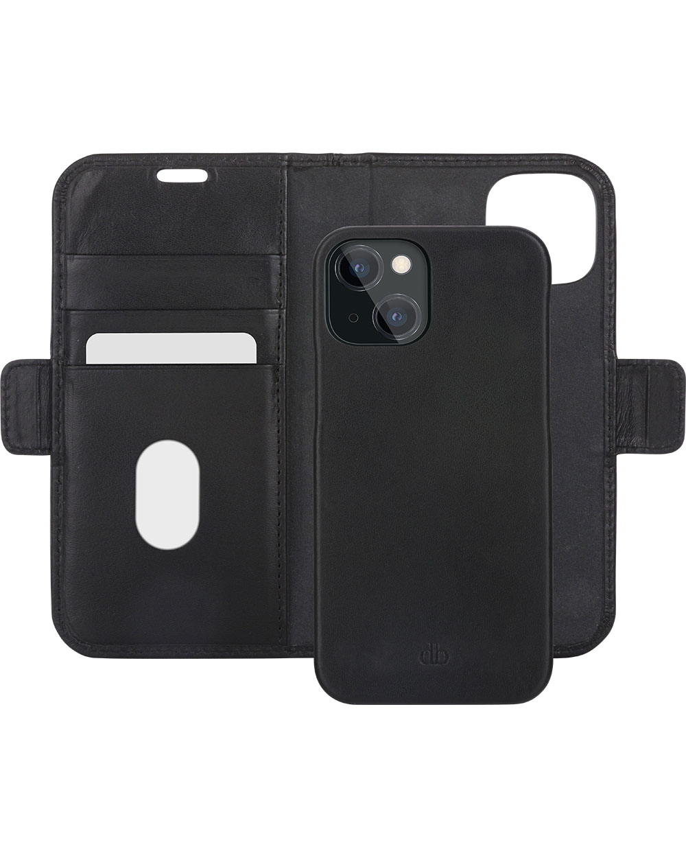 Custodia per telefono in pelle nera con design a portafoglio. Il telefono è all'interno con uno slot per carte.
