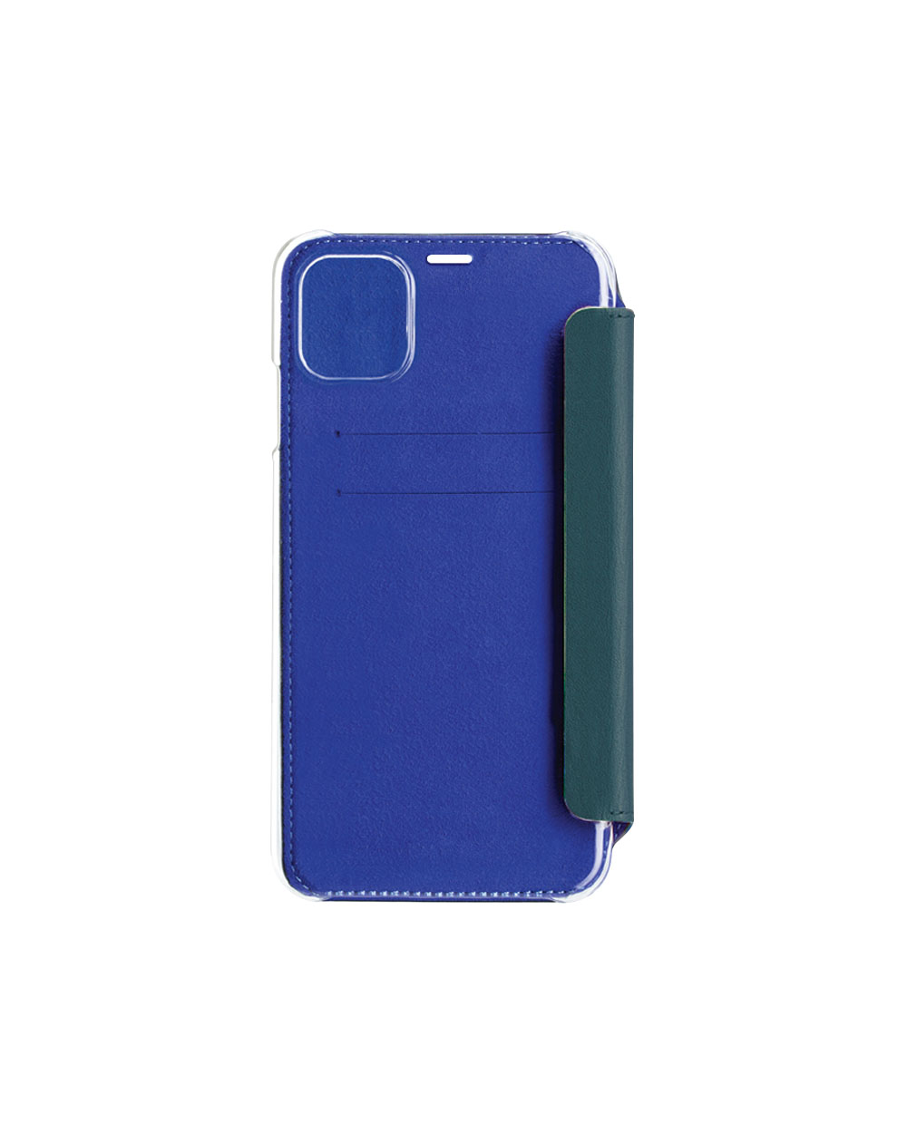 Custodia blu per telefono con retro trasparente. La custodia è chiusa e ha un lato in pelle verde.