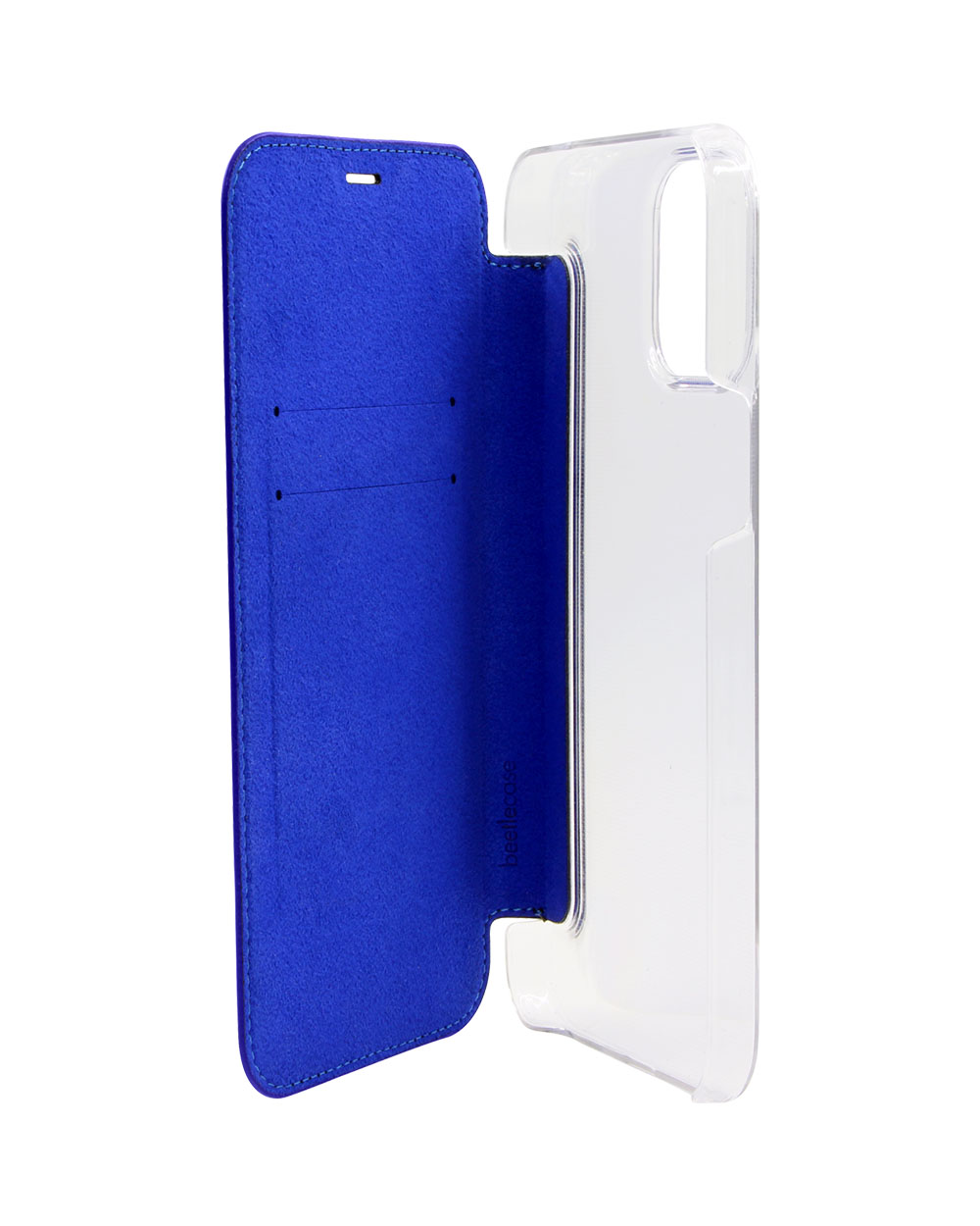 Custodia del telefono aperta, che mostra un interno blu e un supporto per telefono trasparente.