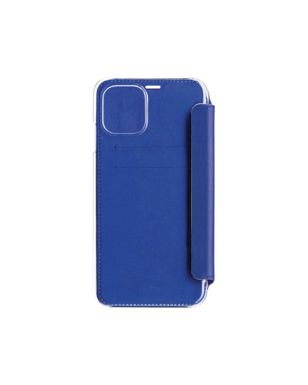 Custodia blu per telefono con retro trasparente. Con fessura per carte e patta.