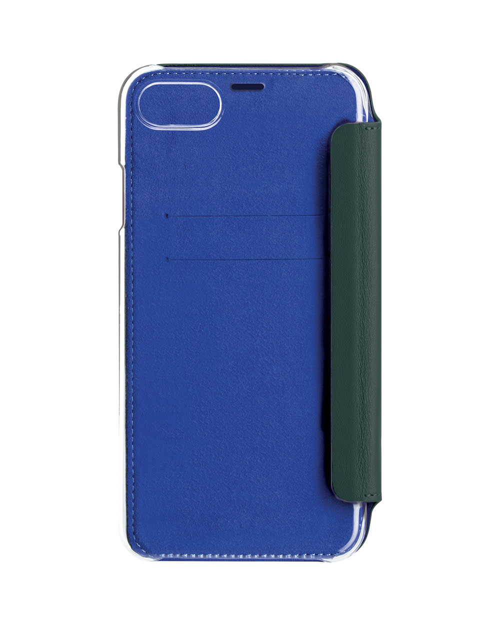 Una custodia per telefono blu con una patta verde.