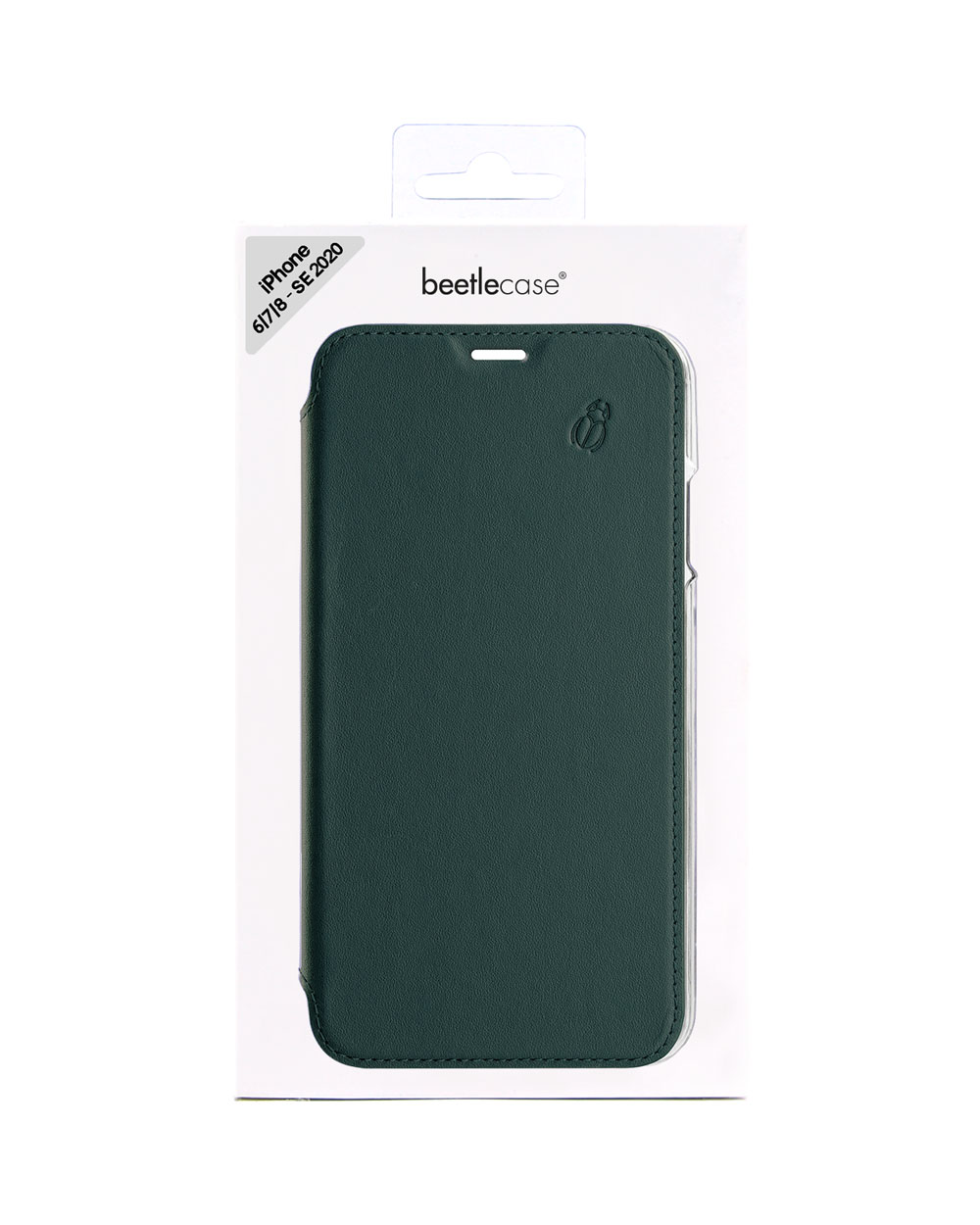 Una custodia verde per iPhone nella confezione, che mostra la custodia e l'etichetta della confezione.