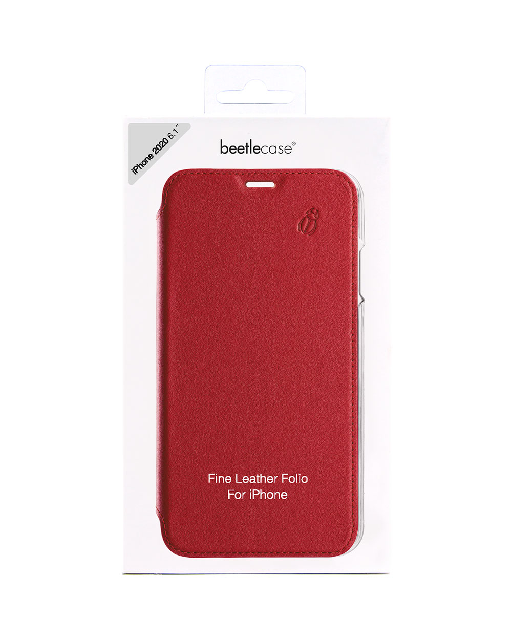 Una custodia rossa per telefono nella confezione. La confezione dice 'beetlecase' e 'Fine Leather Folio'.