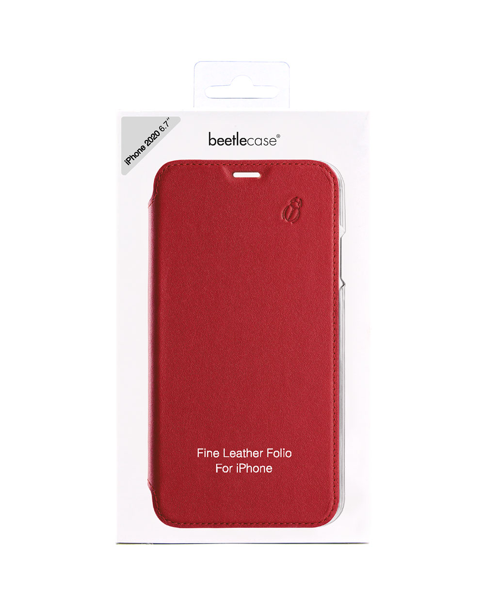 Custodia in pelle rossa in scatola bianca. Con logo, per iPhone.