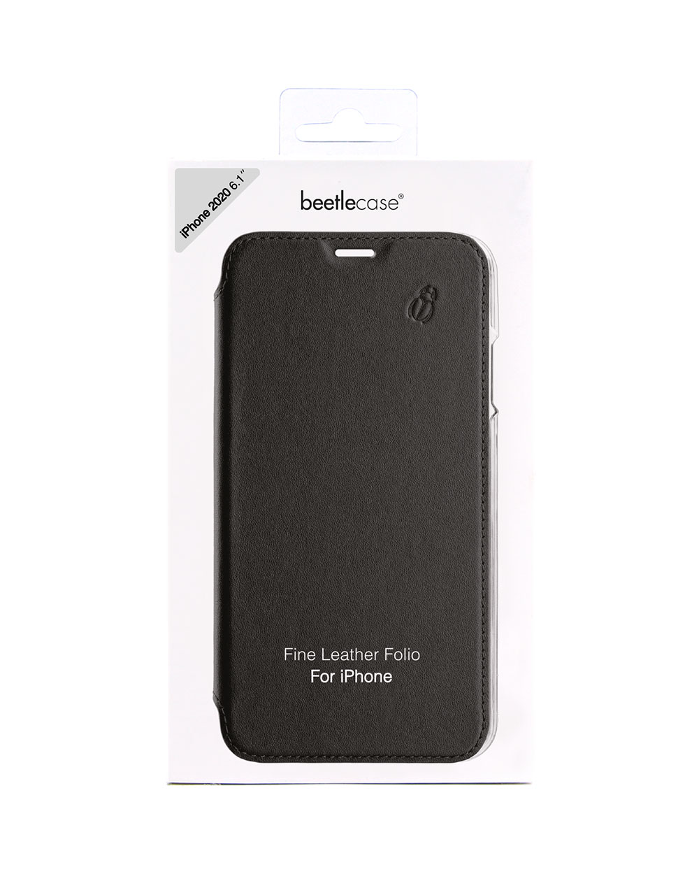 Custodia nera per telefono in scatola, sfondo bianco. Testo: Fine Leather Folio For iPhone.
