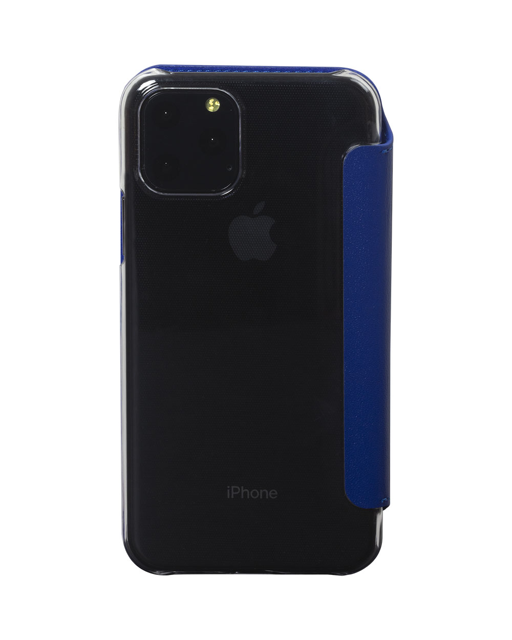 Un iPhone nero in una custodia trasparente con un lato blu, sfondo bianco.