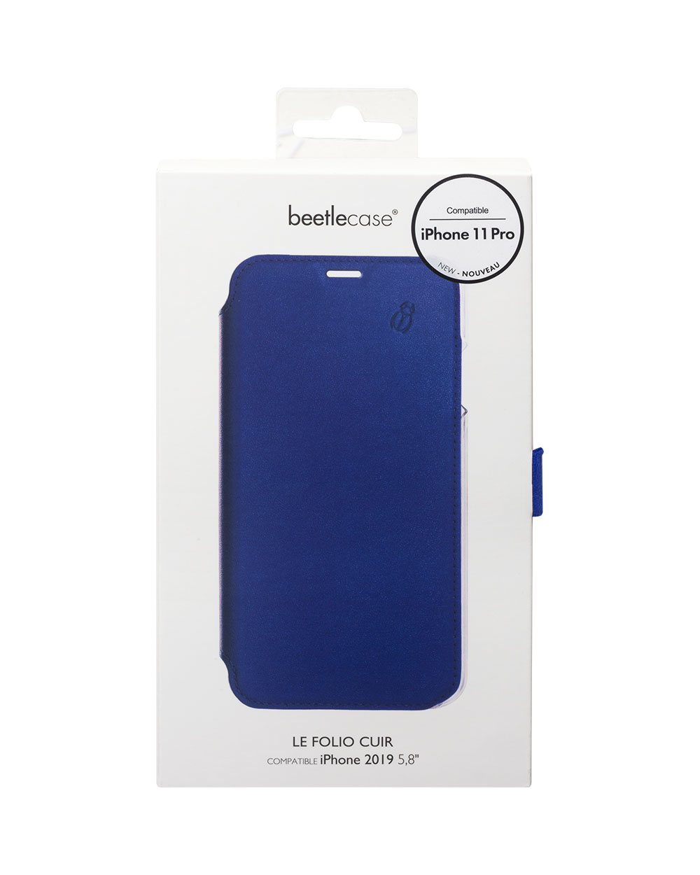 Una custodia blu per telefono all'interno della sua scatola con il nome del prodotto e l'immagine di un telefono.