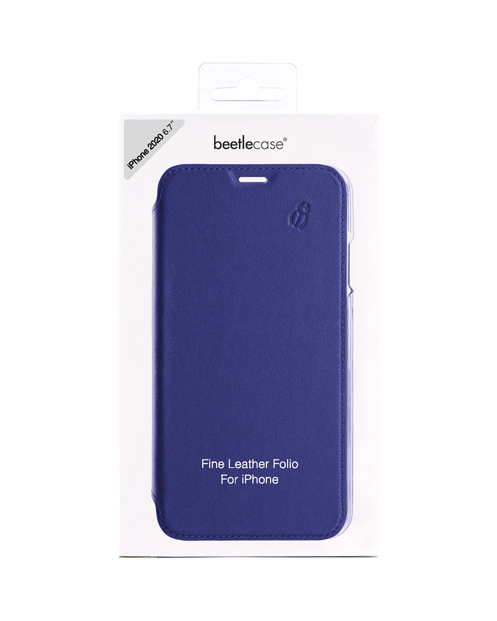 Una custodia per telefono in una scatola bianca. La custodia è blu e la scatola ha testo in inglese. La custodia è per un iPhone.