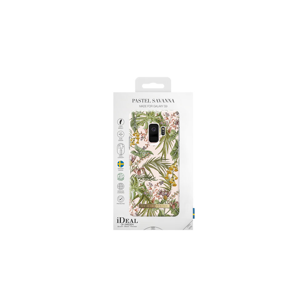 Una scatola di custodia per telefono con un design floreale. Testo: Pastel Savanna, Made for Galaxy S9.