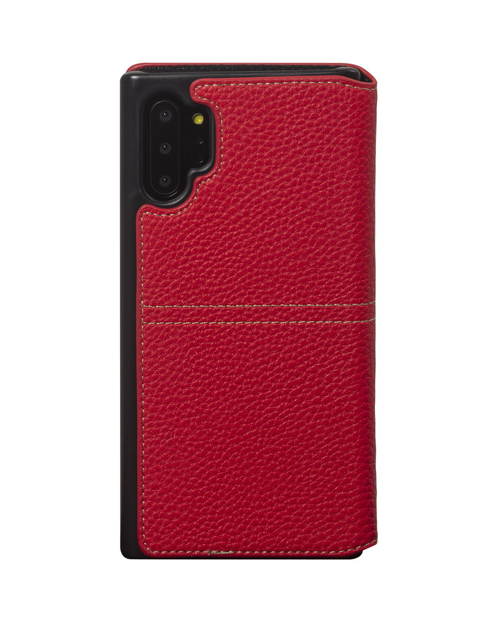 Custodia rossa con telefono. Ha fotocamera e cuciture.