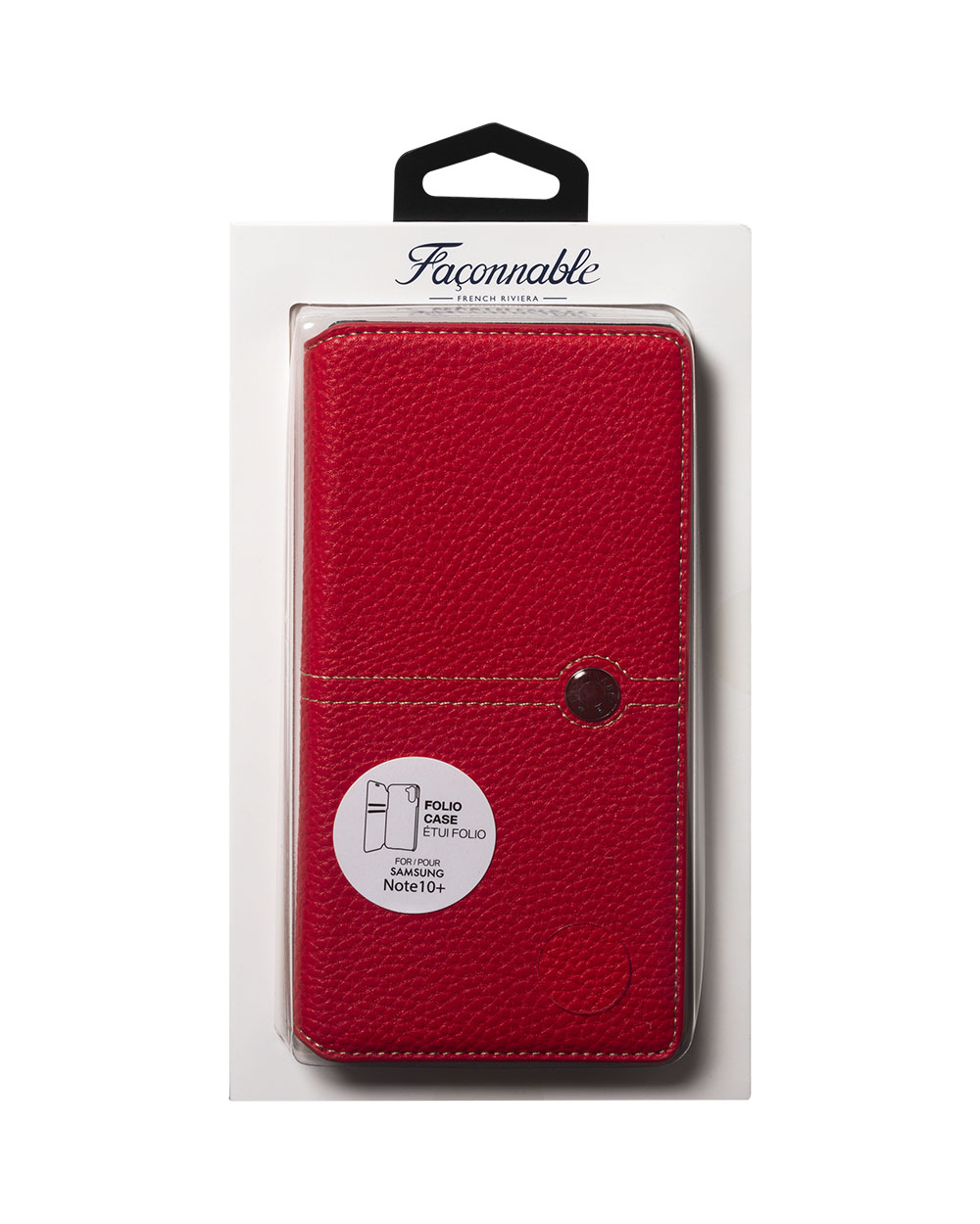 Custodia a libro in pelle rossa per un telefono Samsung, confezionata in una scatola bianca.